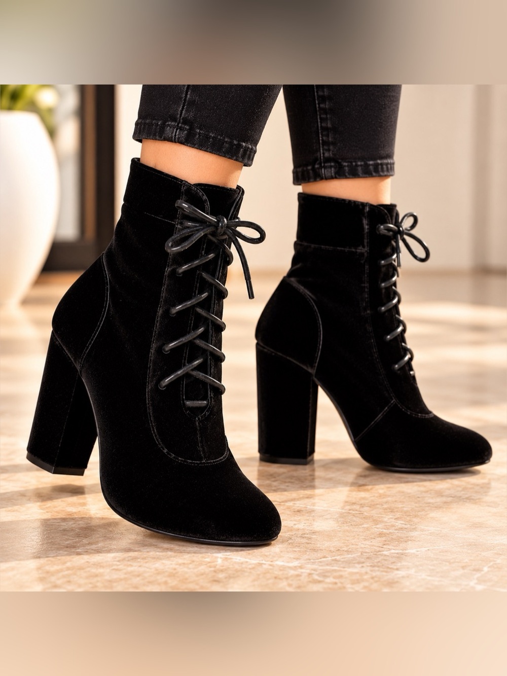 🌙✨ Black Velvet Lace-Up Ankle Boots Size 9